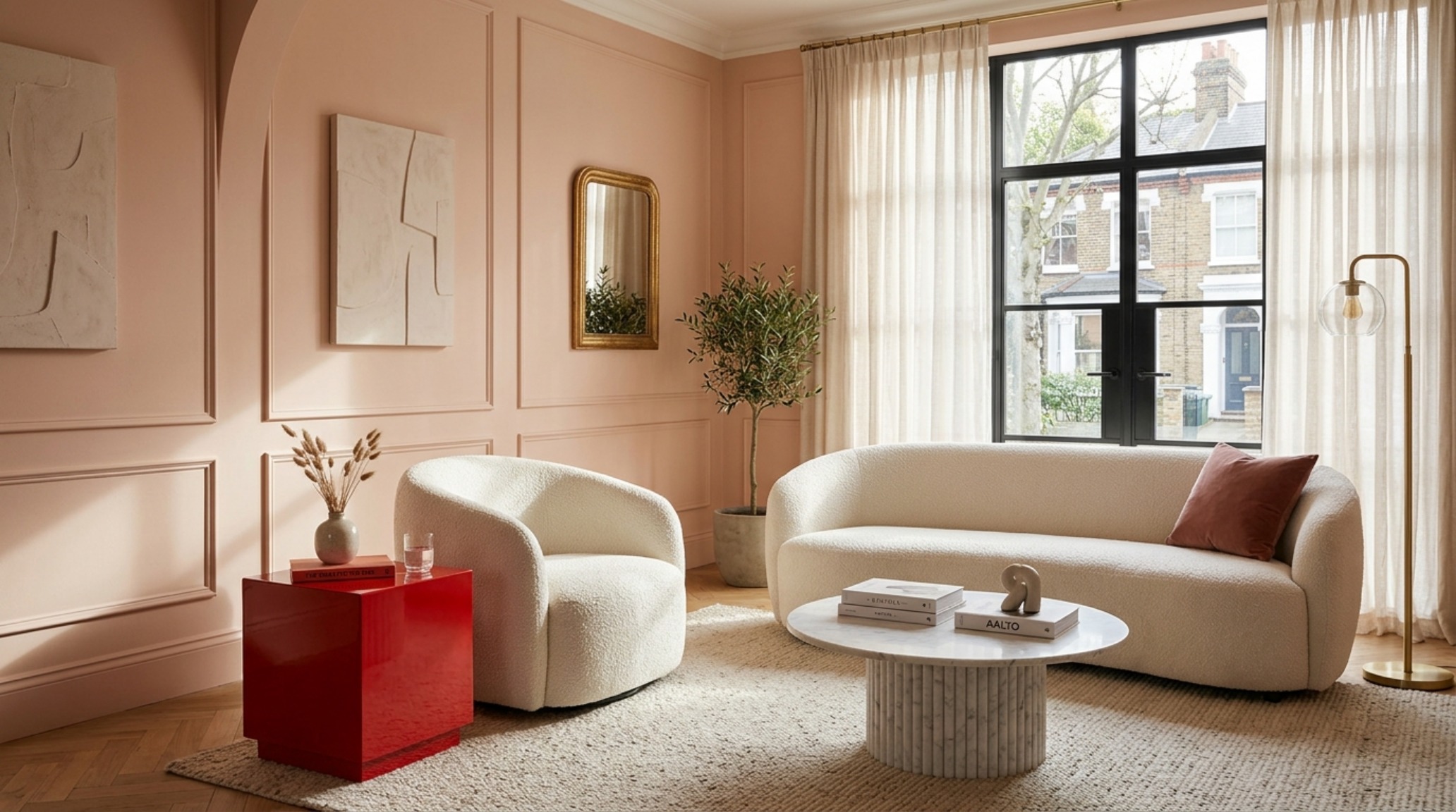Luxury living room color schemes featuring Farrow & Ball Setting Plaster walls, a warm alabaster sofa, and a striking high-gloss red accent chair in an updated deco setting. Luxury living room color schemes featuring Farrow & Ball Setting Plaster walls, a warm alabaster sofa, and a striking high-gloss red accent chair in an updated deco setting.