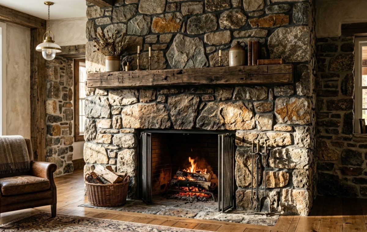 Rustic fieldstone fireplace styles featuring rough-hewn irregular stones with deep-raked mortar joints and a solid reclaimed timber mantel in a sunlit cabin.