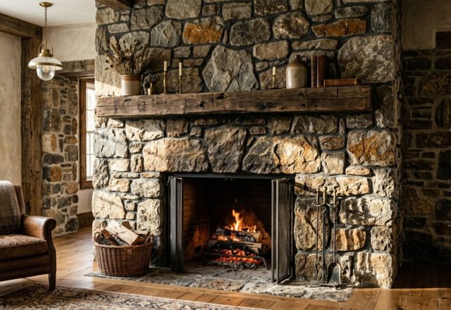 Rustic fieldstone fireplace styles featuring rough-hewn irregular stones with deep-raked mortar joints and a solid reclaimed timber mantel in a sunlit cabin.