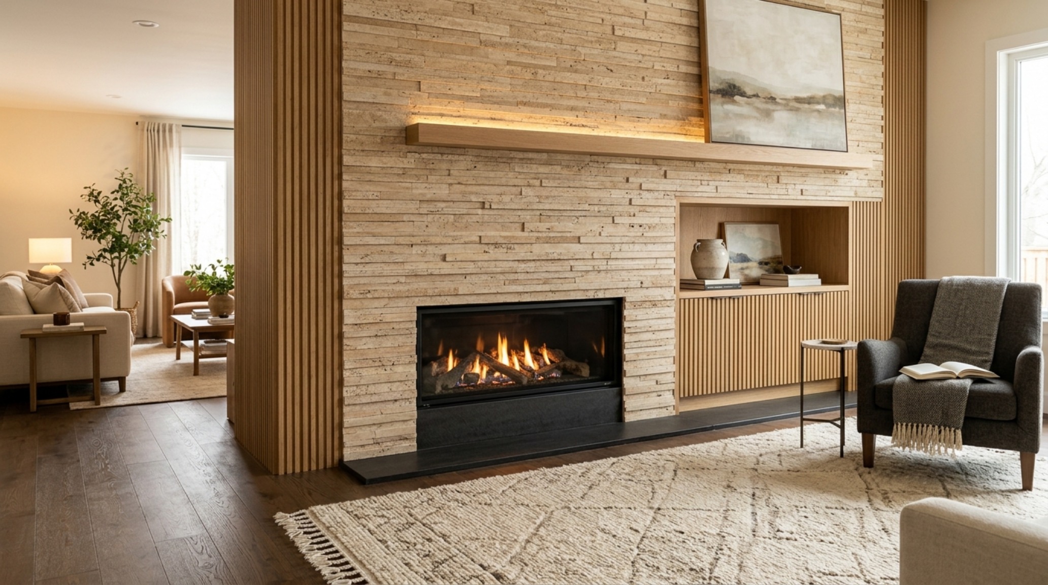 Stacked stone fireplace surround ideas with variegated travertine strips creating a rhythmic horizontal pattern in a mid-century modern inspired home.