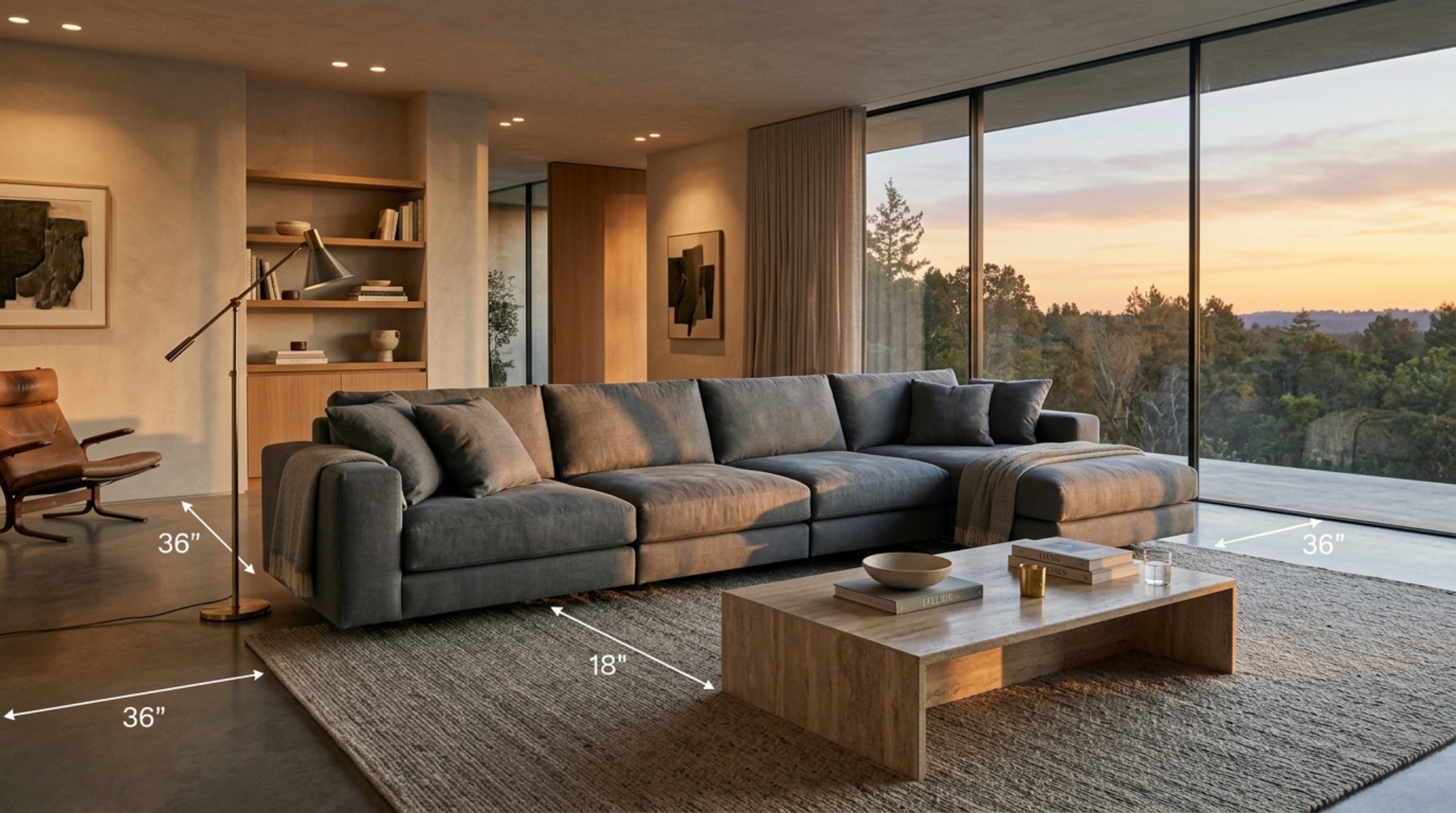 Bespoke living room furniture arrangement with a modular charcoal linen sofa floating in a large open-plan space, maintaining 36-inch walkways and an 18-inch coffee table reach. Bespoke living room furniture arrangement with a modular charcoal linen sofa floating in a large open-plan space, maintaining 36-inch walkways and an 18-inch coffee table reach.