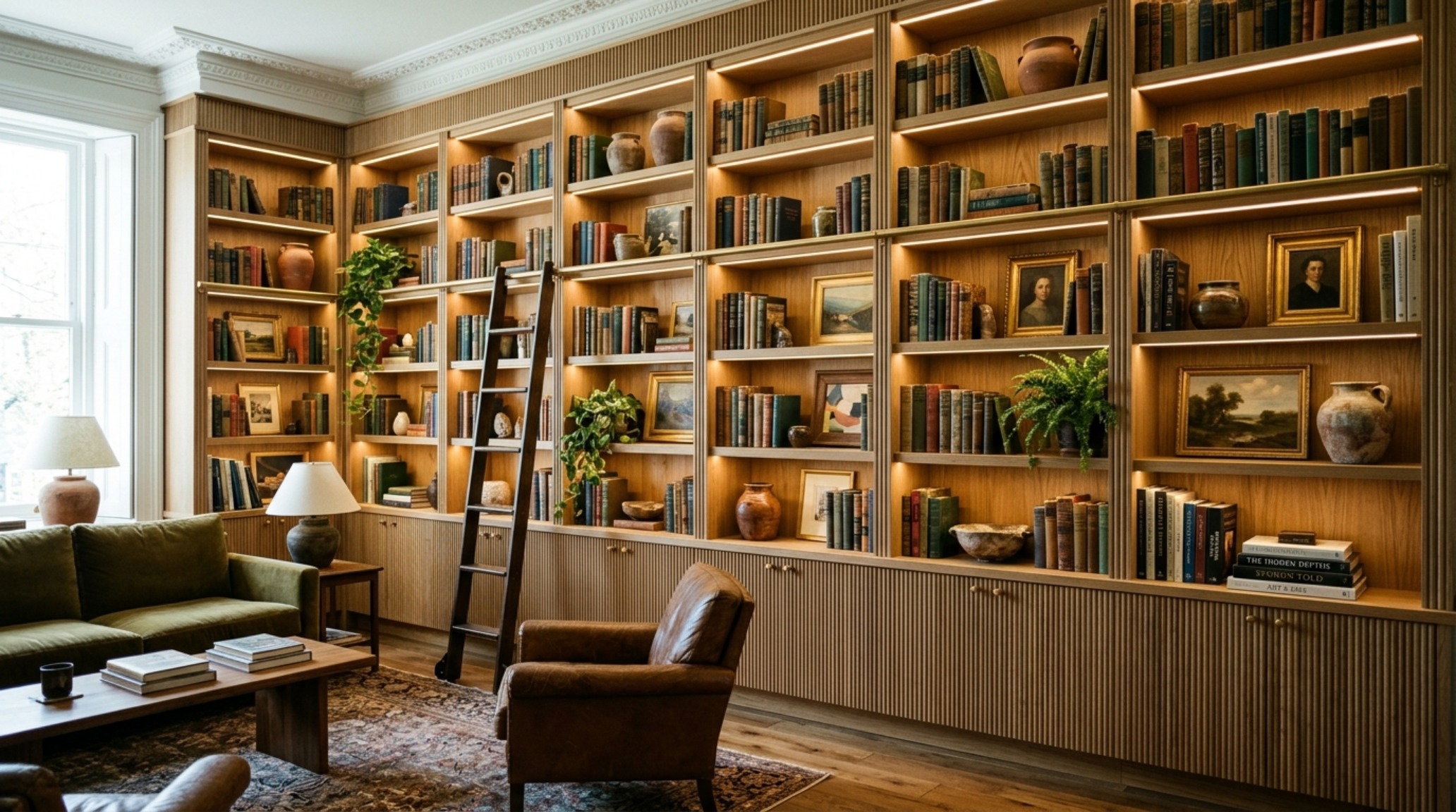 Contemporary wall decor for living room highlighting 'Bookshelf Wealth' with floor-to-ceiling fluted oak shelving, integrated warm LED lighting, and a curated mix of vintage ceramics. Contemporary wall decor for living room highlighting 'Bookshelf Wealth' with floor-to-ceiling fluted oak shelving, integrated warm LED lighting, and a curated mix of vintage ceramics.