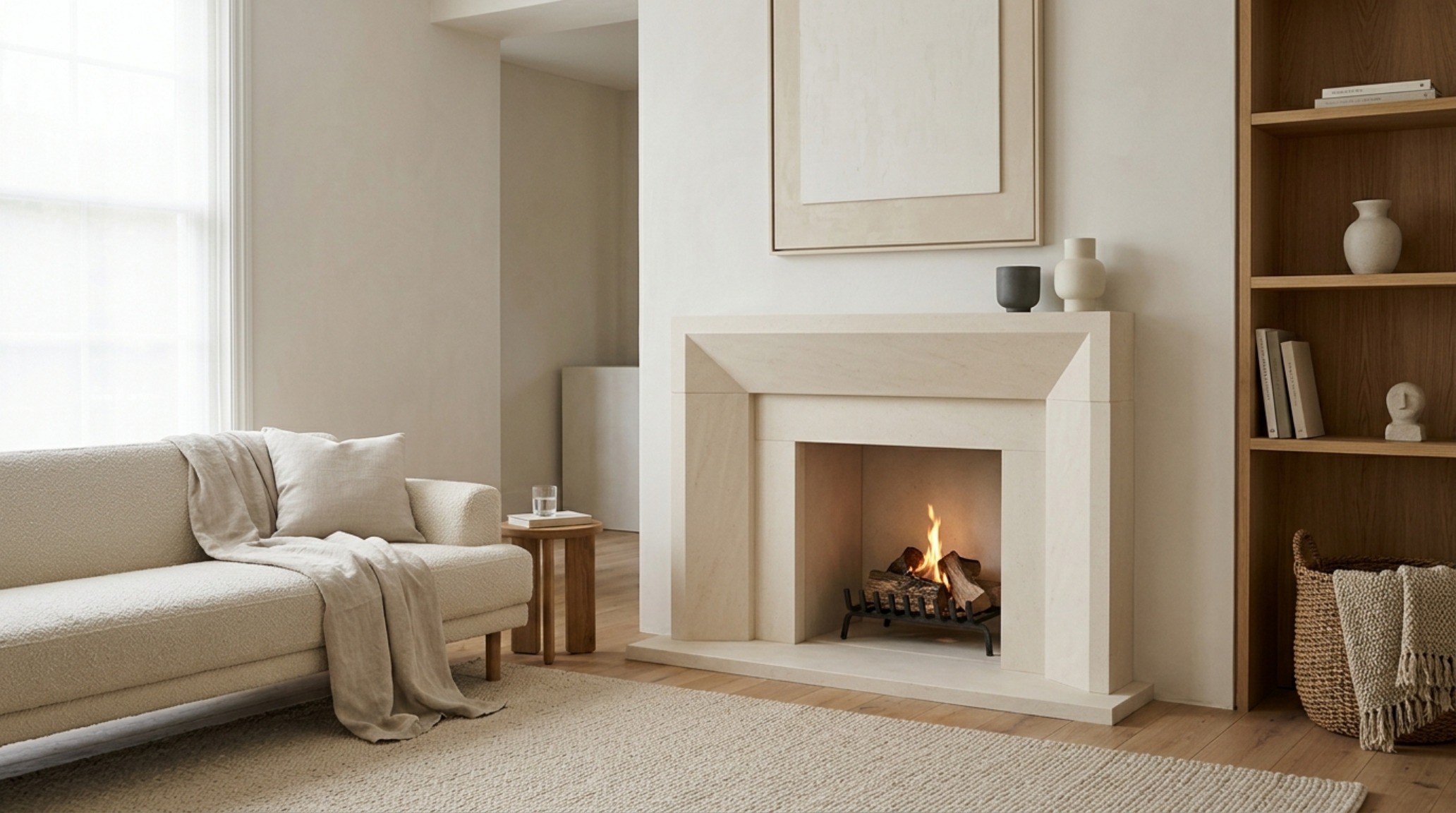 Modern limestone fireplace mantel in a minimalist living room with honed finish and clean mitered edges against a backdrop of warm alabaster walls.