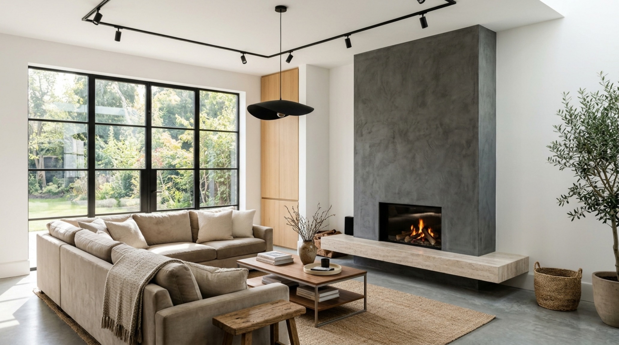 Modern living room layout guide showing the architectural alignment of a low-slung velvet sectional and a honed travertine fireplace hearth under 2700K soft ambient light. Modern living room layout guide showing the architectural alignment of a low-slung velvet sectional and a honed travertine fireplace hearth under 2700K soft ambient light.