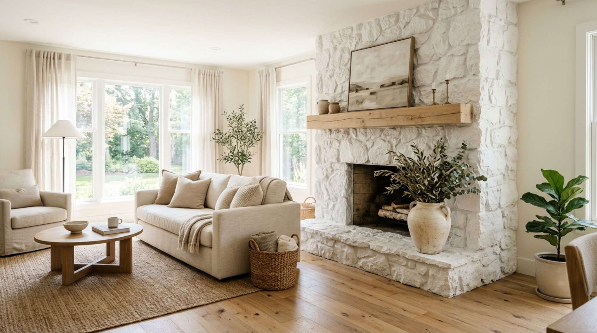 White stone fireplace living room decor with a textured quartzite hearth, curated ceramic vessels, and soft linen upholstery in a bright Scandinavian interior.