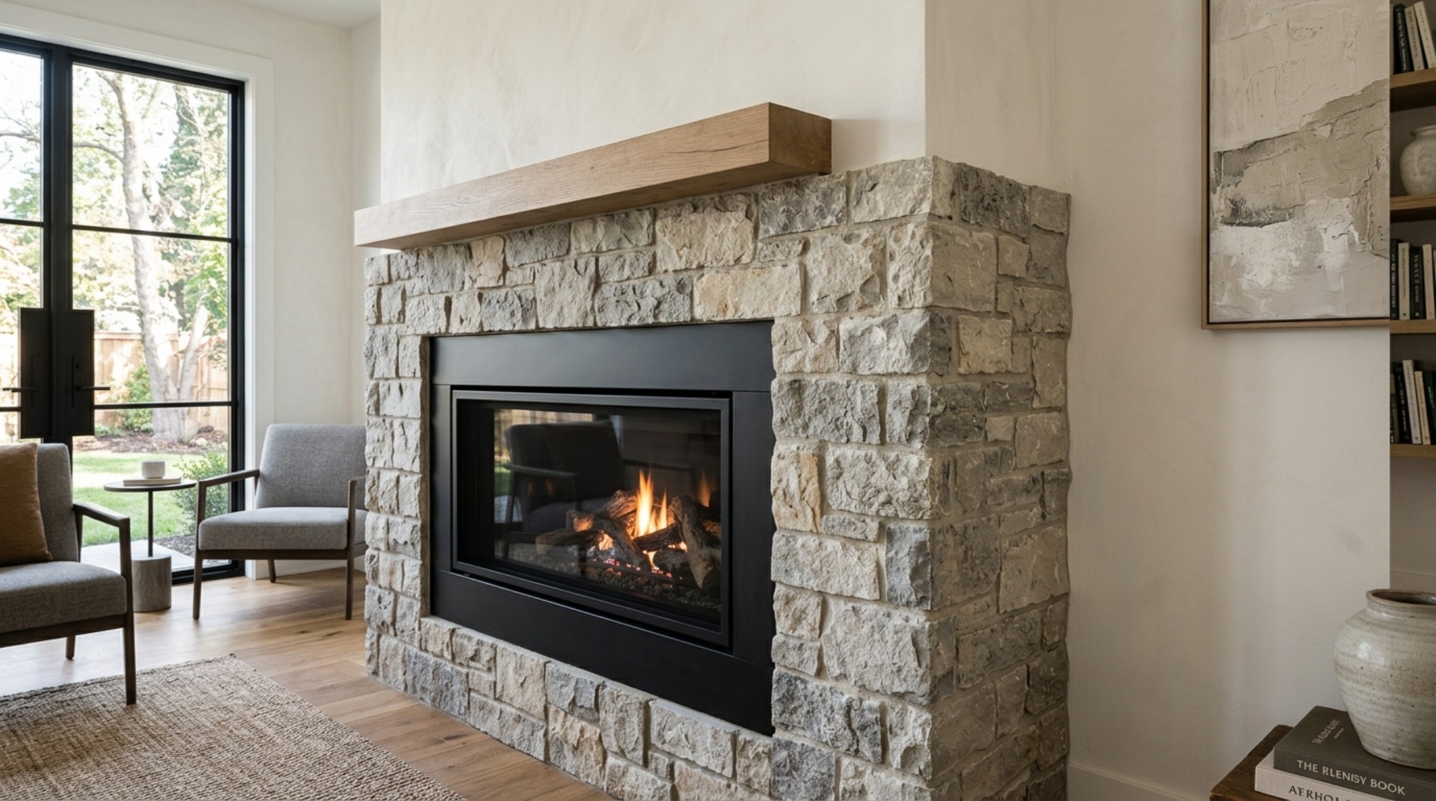 Thin stone veneer fireplace installation detail showing a seamless corner wrap on a modern fireplace breast with integrated wood storage niche.