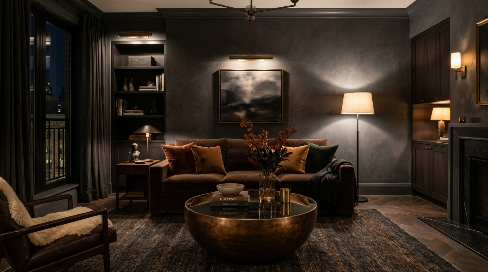 Luxury living room color schemes utilizing a monochromatic palette of slate charcoal and warm taupe with brass inlay details and rich mohair velvet textures. Luxury living room color schemes utilizing a monochromatic palette of slate charcoal and warm taupe with brass inlay details and rich mohair velvet textures.
