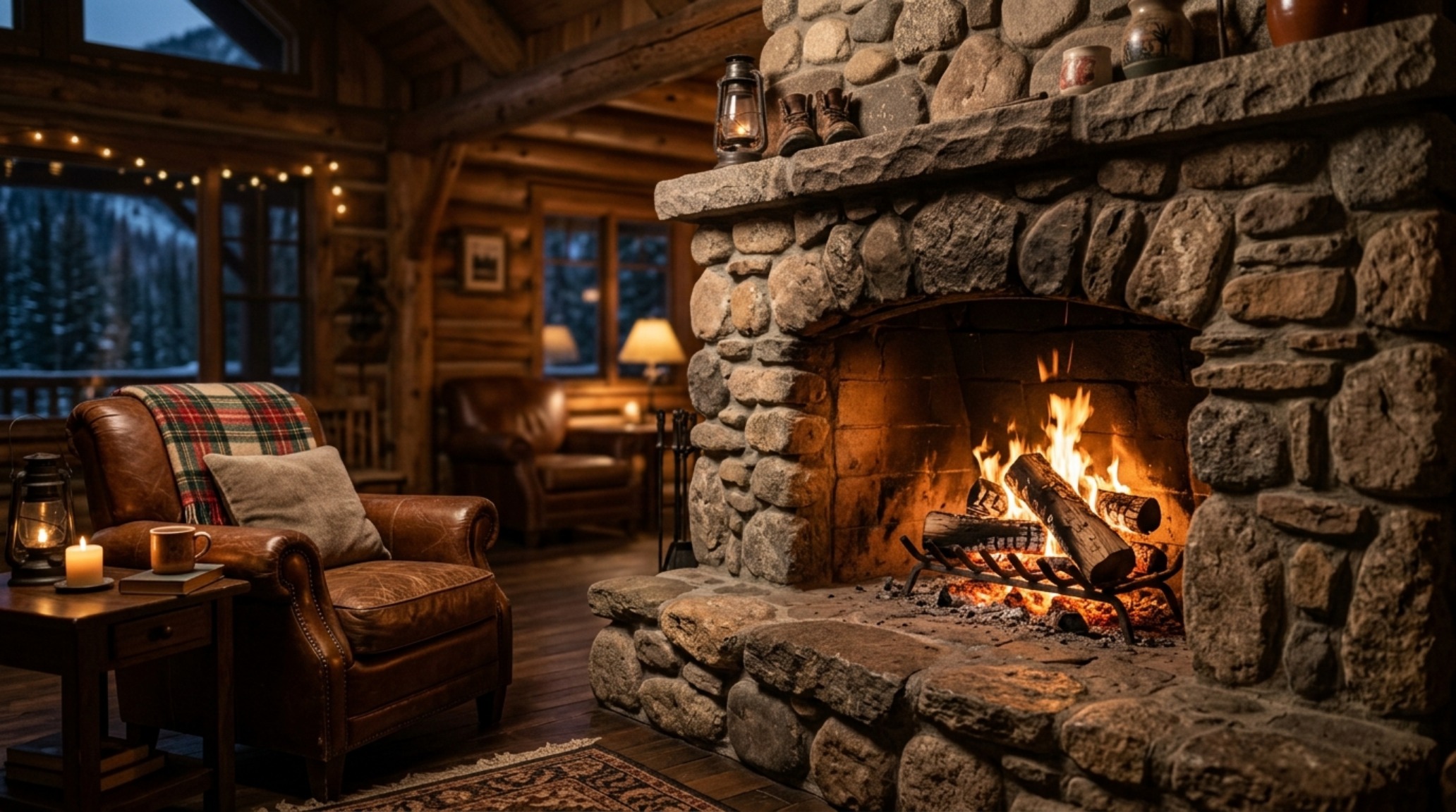 Rustic fieldstone fireplace styles integrated into a transitional family room with a raised bluestone hearth and warm 2700K accent lighting.