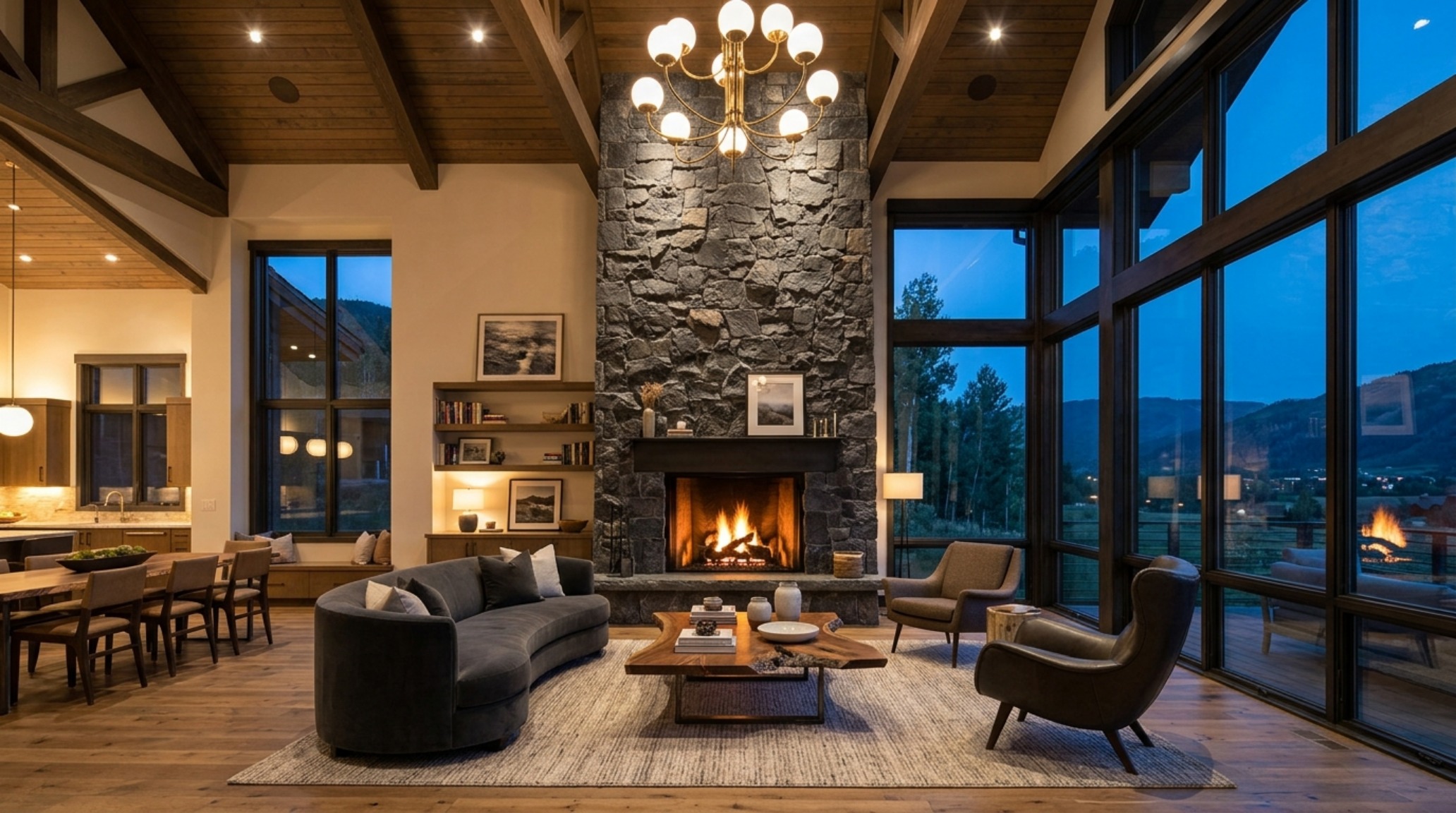 Floor to ceiling stone fireplace pictures highlighting the dramatic verticality of a granite stone wall in an open-concept great room with 36-inch clearances.