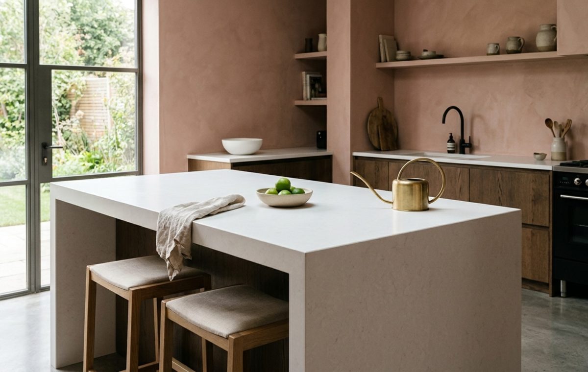 low-maintenance kitchen slabs featuring a matte-finished white quartz island with integrated brass sink and minimalist walnut cabinetry