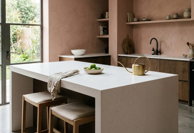 low-maintenance kitchen slabs featuring a matte-finished white quartz island with integrated brass sink and minimalist walnut cabinetry