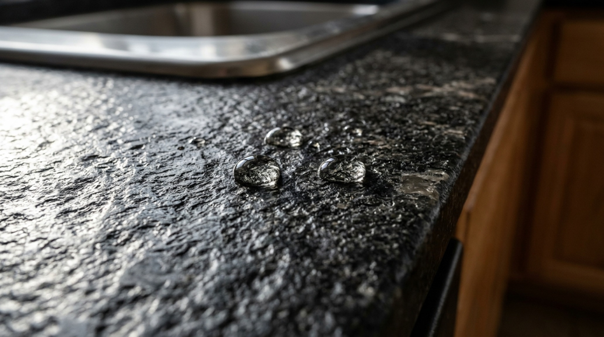 quartz vs granite durability comparison shown through a close-up of a leathered granite surface resisting condensation and showcasing natural crystalline depth