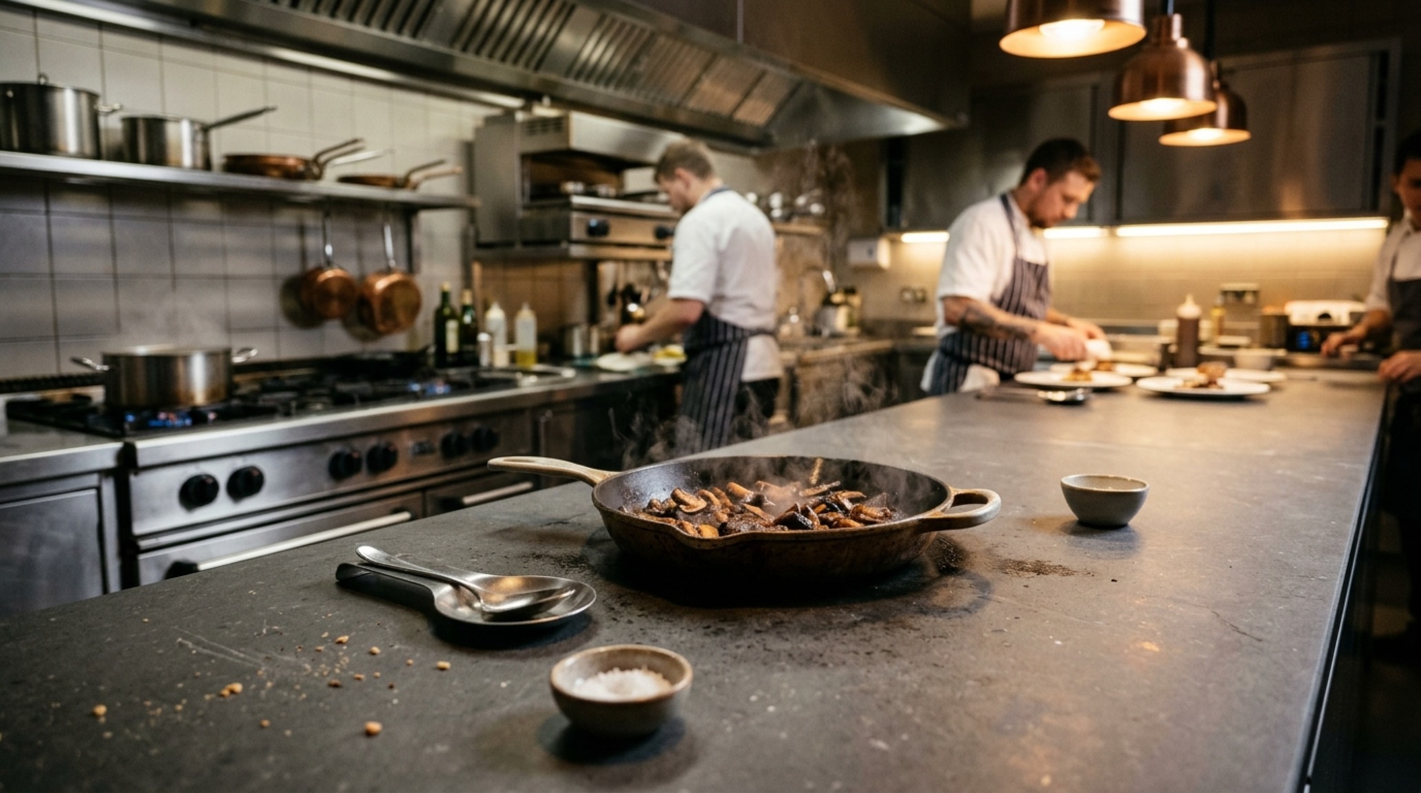 heat-resistant kitchen surfaces featuring a charcoal sintered stone countertop with an integrated induction hob and professional-grade culinary tools