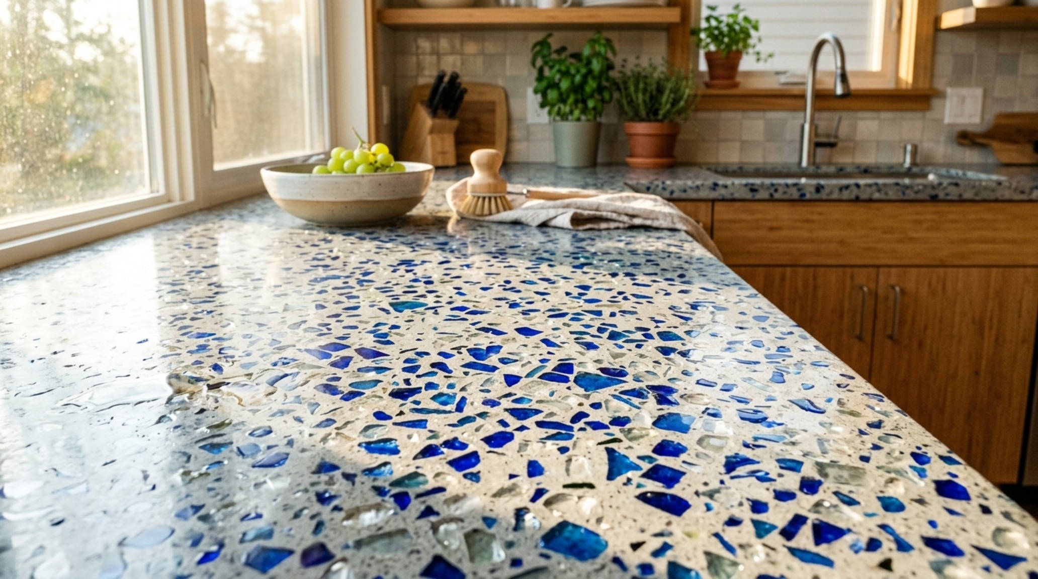 eco-friendly kitchen stone options showcasing a recycled glass surface with deep cobalt and seafoam accents paired with reclaimed wood shelving