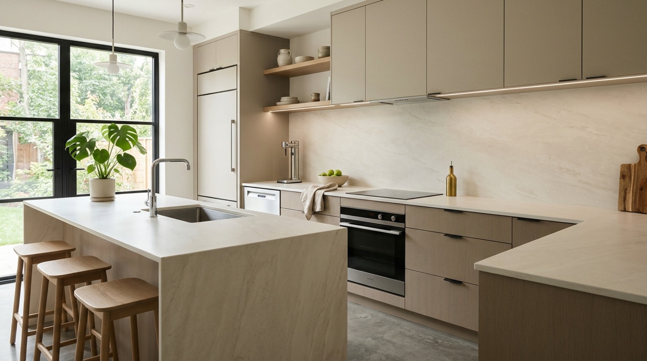 low-maintenance kitchen slabs in a high-gloss porcelain finish reflecting 2700K warm pendant lighting in a transitional kitchen space