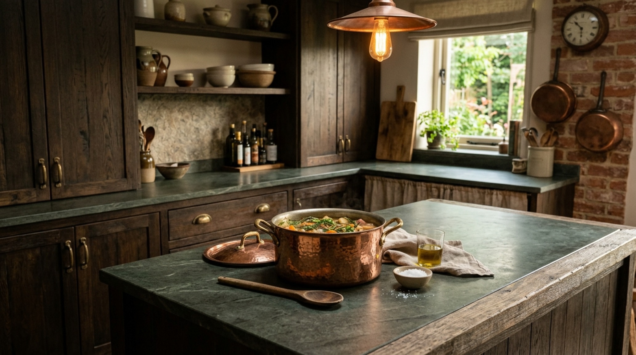 heat-resistant kitchen surfaces using natural soapstone with a rich oil-rubbed patina and a farmhouse apron-front sink