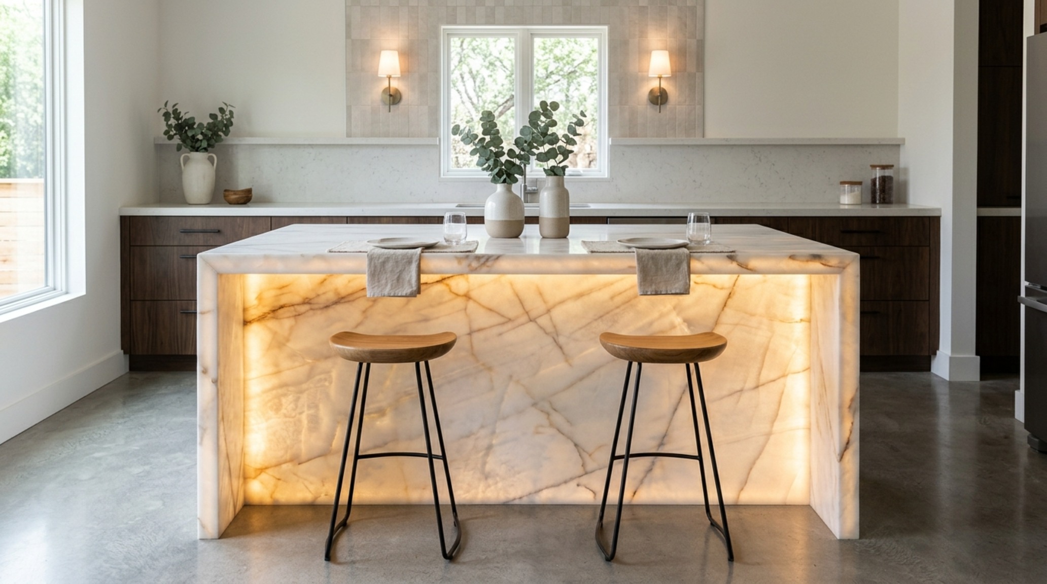 waterfall island design cost focused on the precision-mitered joint of a Taj Mahal quartzite island in a neutral-toned architectural space