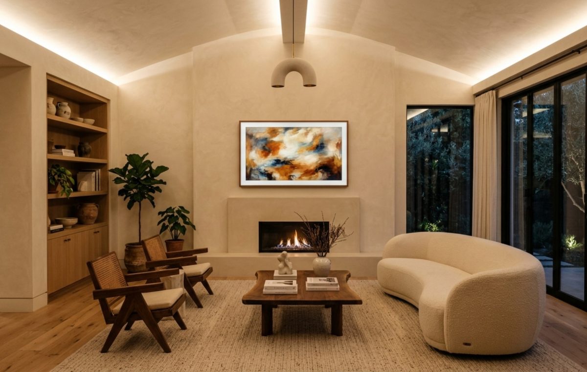 Sophisticated television over fireplace decor ideas featuring a Samsung Frame TV with art on a textured limewash wall and rift-sawn oak mantel.