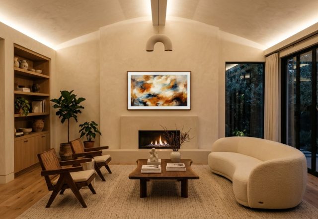 Sophisticated television over fireplace decor ideas featuring a Samsung Frame TV with art on a textured limewash wall and rift-sawn oak mantel.