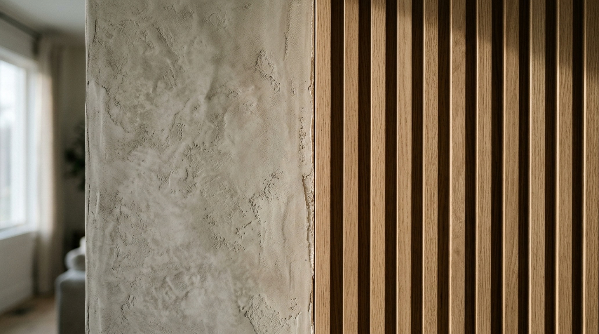 Close-up of Portola Paints Roman Clay finish on a fireplace wall with fluted white oak cabinetry and warm recessed lighting. Close-up of Portola Paints Roman Clay finish on a fireplace wall with fluted white oak cabinetry and warm recessed lighting.