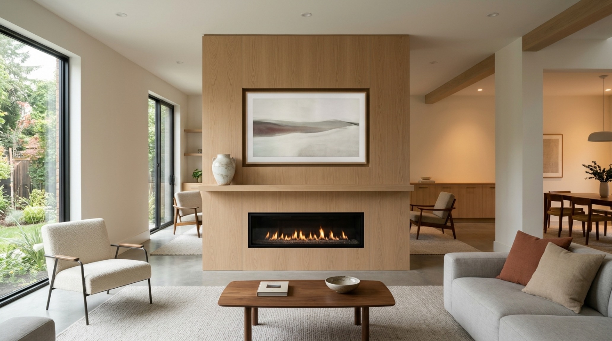 Modern organic living room with 36-inch walkway clearances and a low profile mantel designed for television over fireplace heat protection. Modern organic living room with 36-inch walkway clearances and a low profile mantel designed for television over fireplace heat protection.