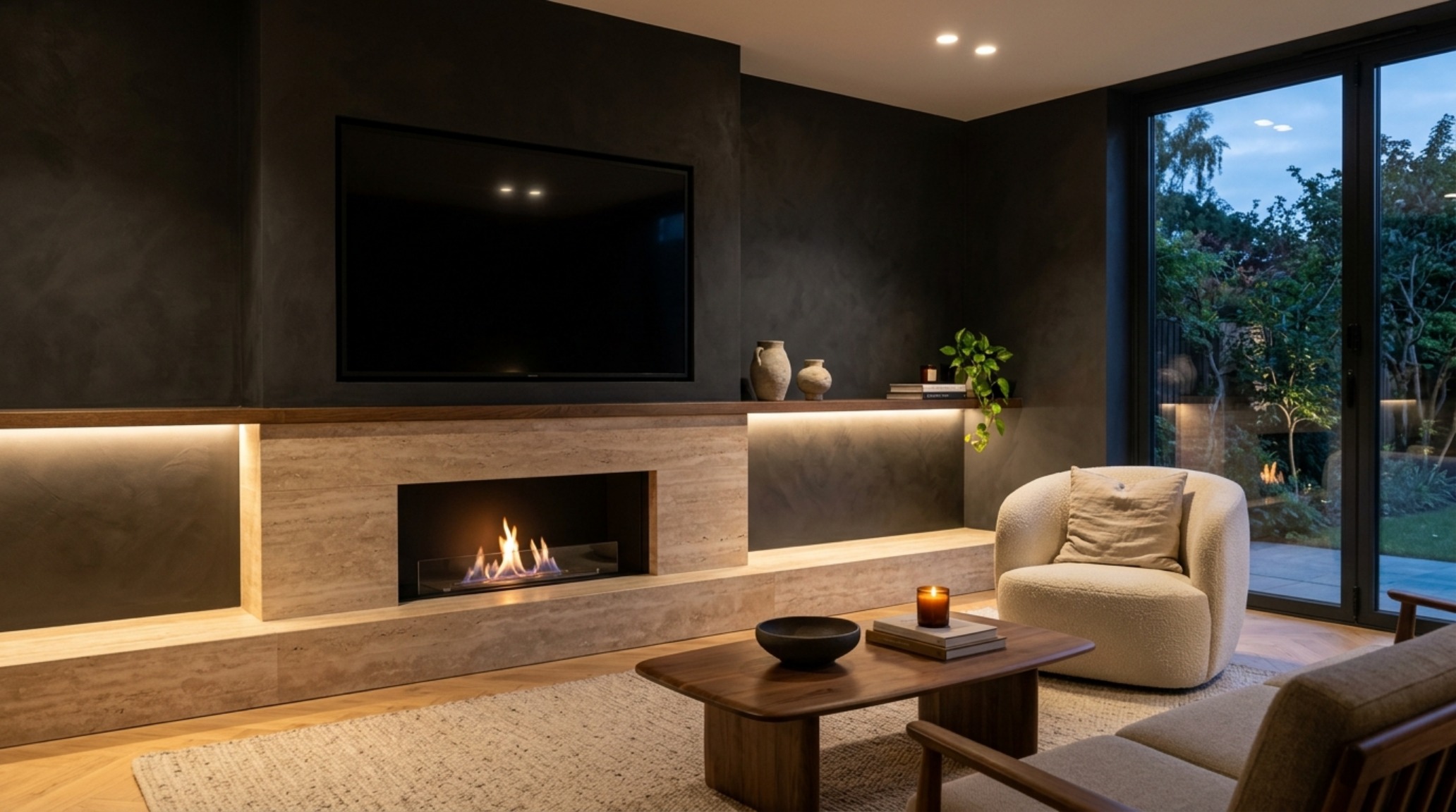 Atmospheric 2700K warm lighting illuminating a raw stone fireplace surround with integrated TV and curated mantel decor. Atmospheric 2700K warm lighting illuminating a raw stone fireplace surround with integrated TV and curated mantel decor.