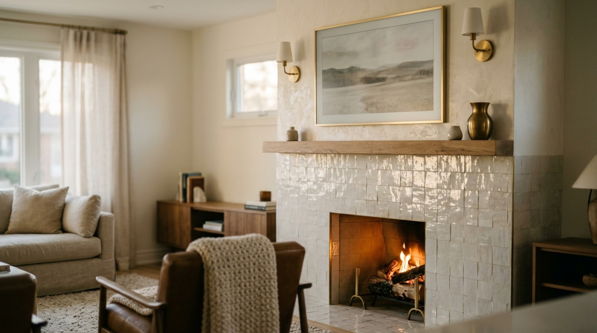 Zellige tile fireplace surround with a flush-mounted television showcasing integrated media wall design and tactile materiality. Zellige tile fireplace surround with a flush-mounted television showcasing integrated media wall design and tactile materiality.