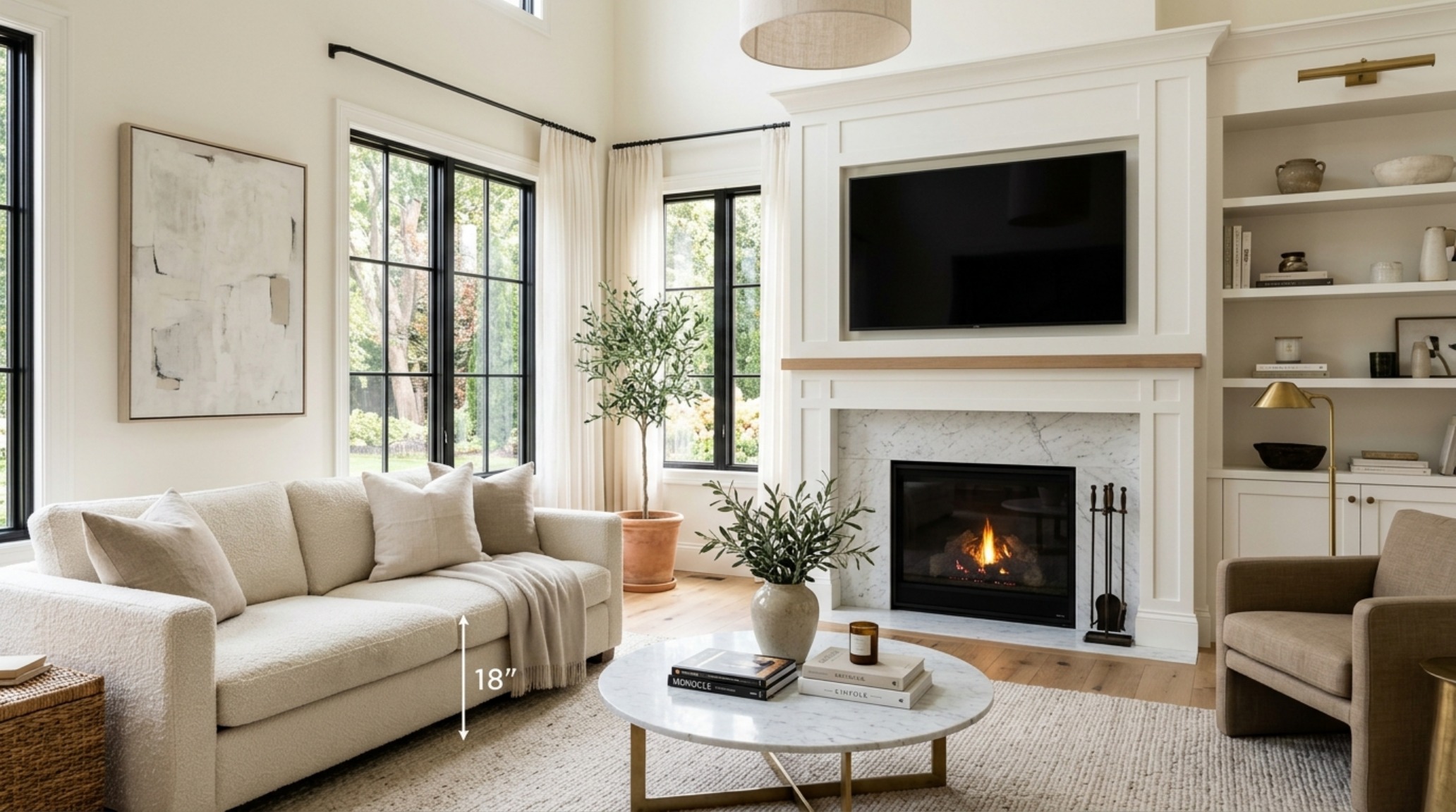 Honed Carrara marble fireplace hearth with modern furniture layout following 18-inch coffee table reach guidelines. Honed Carrara marble fireplace hearth with modern furniture layout following 18-inch coffee table reach guidelines.