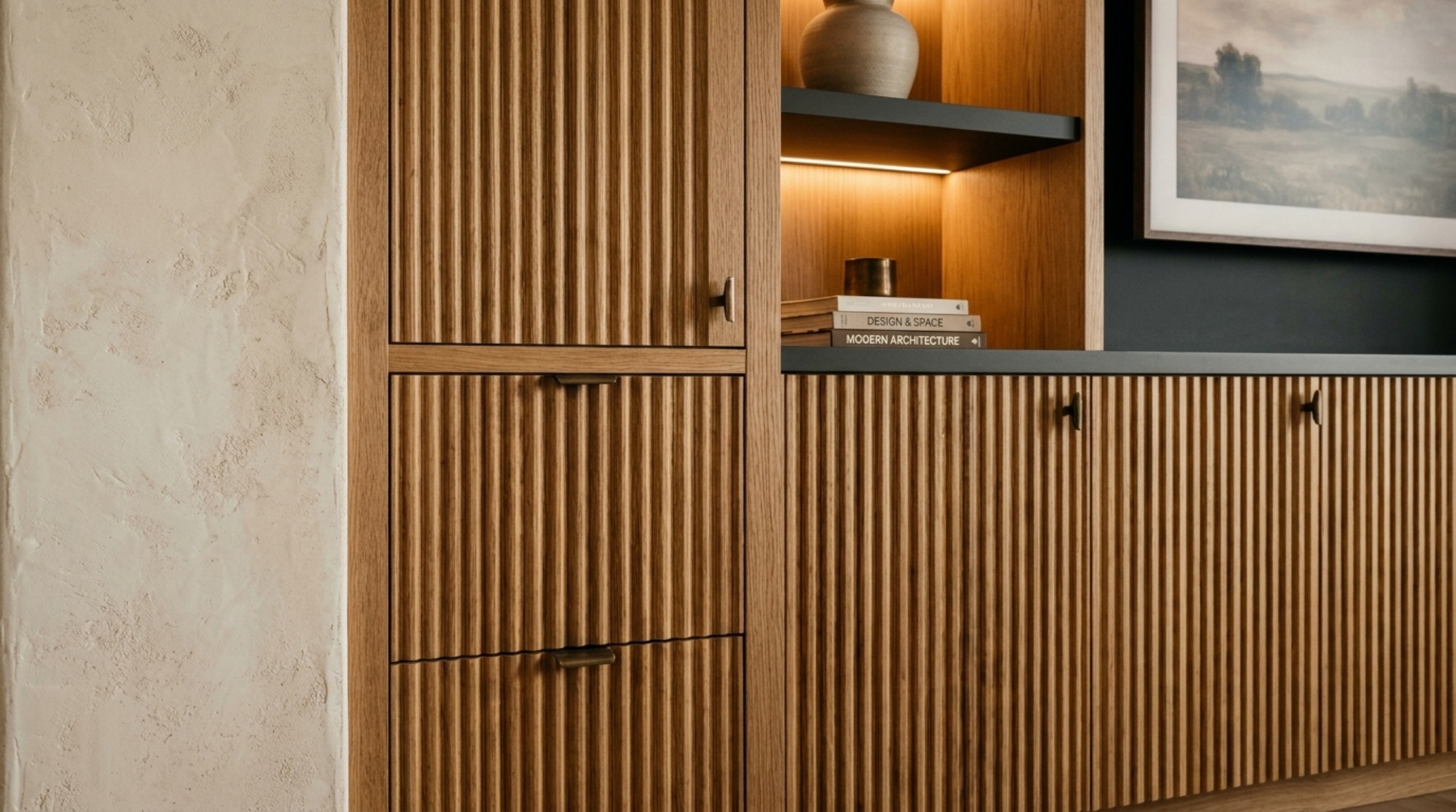 Rift-sawn oak fluted paneling detail behind a media wall with hidden wiring solutions for a clean aesthetic. Rift-sawn oak fluted paneling detail behind a media wall with hidden wiring solutions for a clean aesthetic.