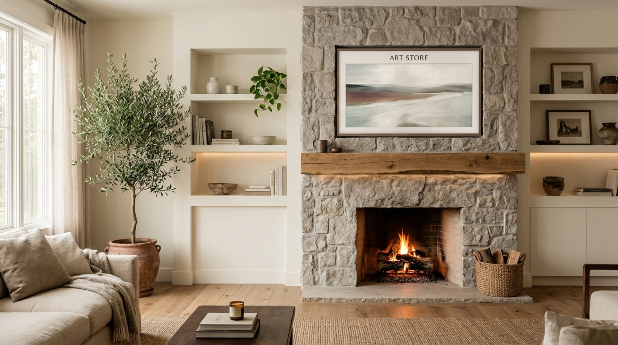 Living room focal point featuring a fireplace with Benjamin Moore Swiss Coffee walls and a warm wood-toned TV bezel. Living room focal point featuring a fireplace with Benjamin Moore Swiss Coffee walls and a warm wood-toned TV bezel.