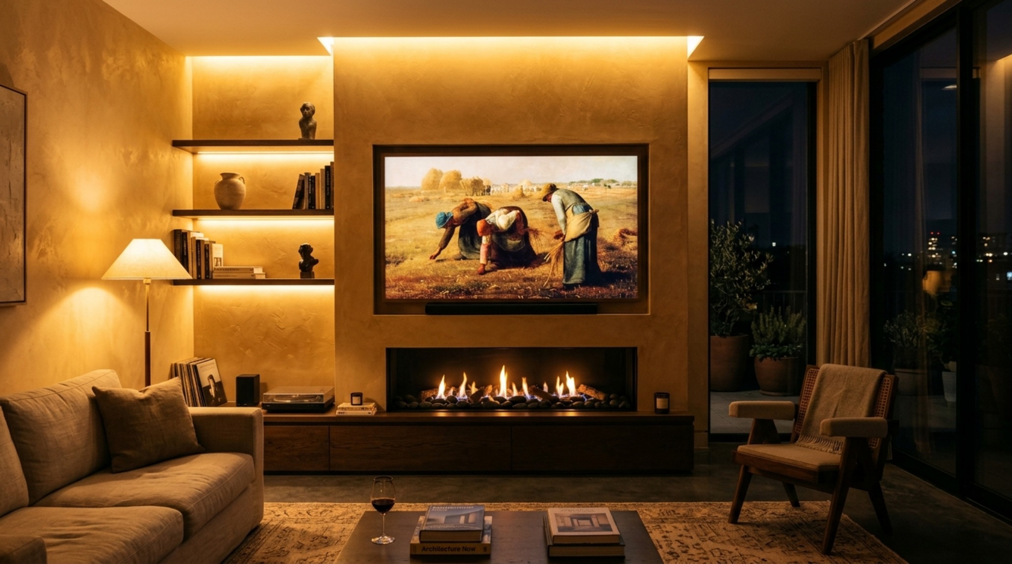 Evening view of a media wall with high CRI 90+ lighting washing over Venetian plaster and raw stone textures. Evening view of a media wall with high CRI 90+ lighting washing over Venetian plaster and raw stone textures.