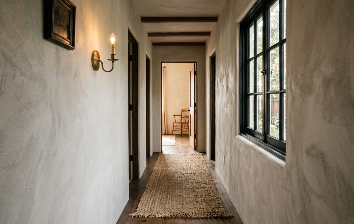 A hero shot of a narrow hallway featuring Portola Paints limewash walls in a soft beige, an unlacquered brass sconce, and a high-pile jute runner under warm 2700K lighting.