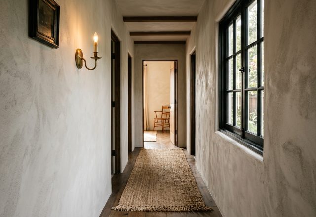 A hero shot of a narrow hallway featuring Portola Paints limewash walls in a soft beige, an unlacquered brass sconce, and a high-pile jute runner under warm 2700K lighting.