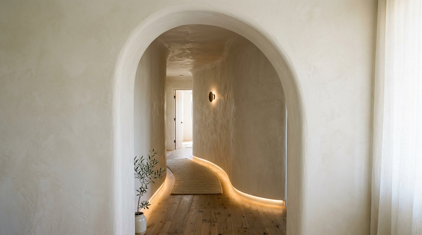 A high-sensory hallway transition featuring a curved plaster archway and integrated floor-level cove lighting for a soft ambient glow.