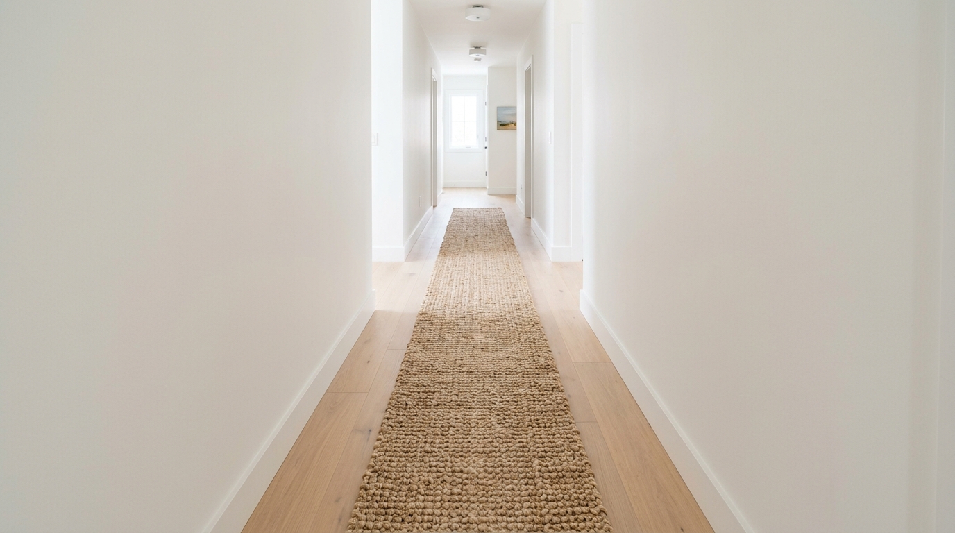 The 36-inch standard walkway clearance in a minimalist hallway with zero furniture obstructions and high-pile natural fiber rugs.