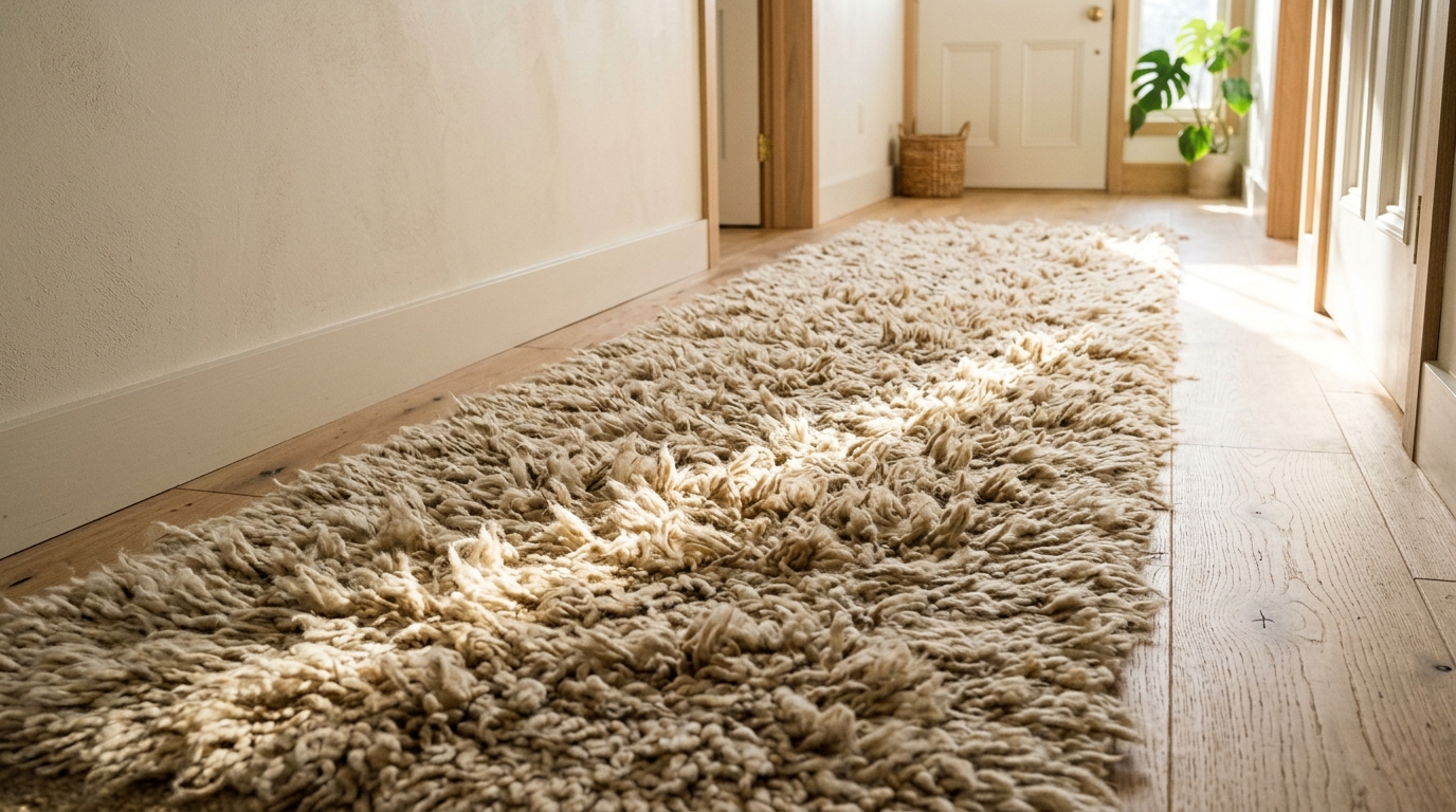 A high-pile jute runner rug adding acoustic dampening and tactile grounding to a modern minimalist hallway.