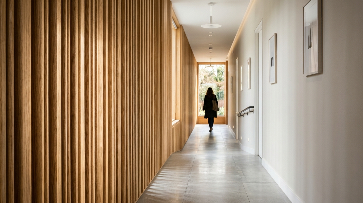 Narrow hallway ideas for apartments: using vertical fluted oak panels to create height and visual interest in a small space.