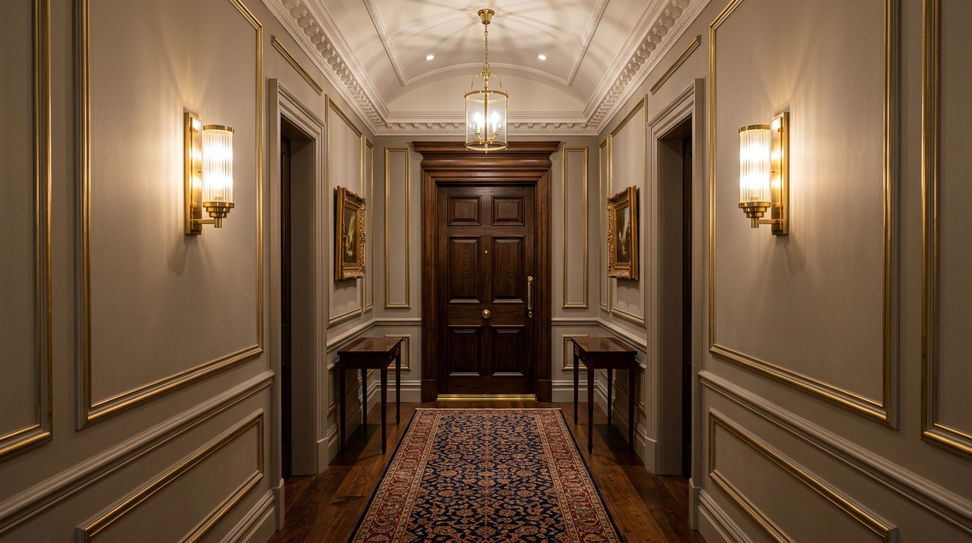 Symmetry in corridor design: matching wall-mounted sconces and a centered doorway at the end of a narrow path.
