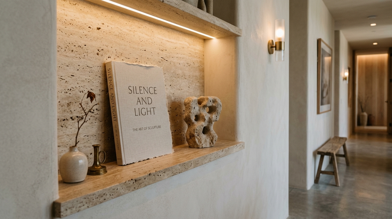 Quiet luxury aesthetic: a curated selection of artisanal ceramics on a floating travertine shelf in a sun-drenched hallway.