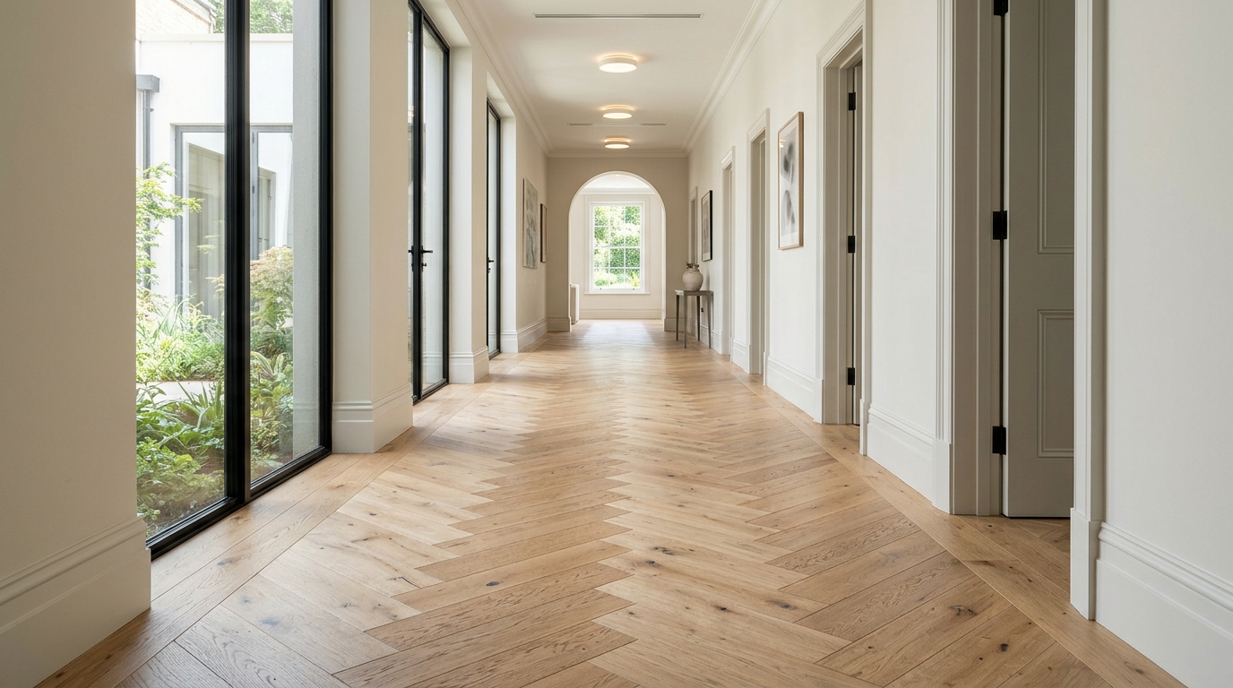 Herringbone patterned light oak floors in a narrow corridor to visually expand the floor width and add geometric texture.