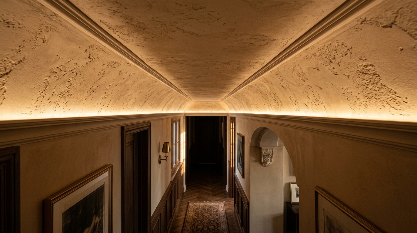 Recessed linear LED lighting in a hallway ceiling cove highlighting the mineral texture of a limewash finish.