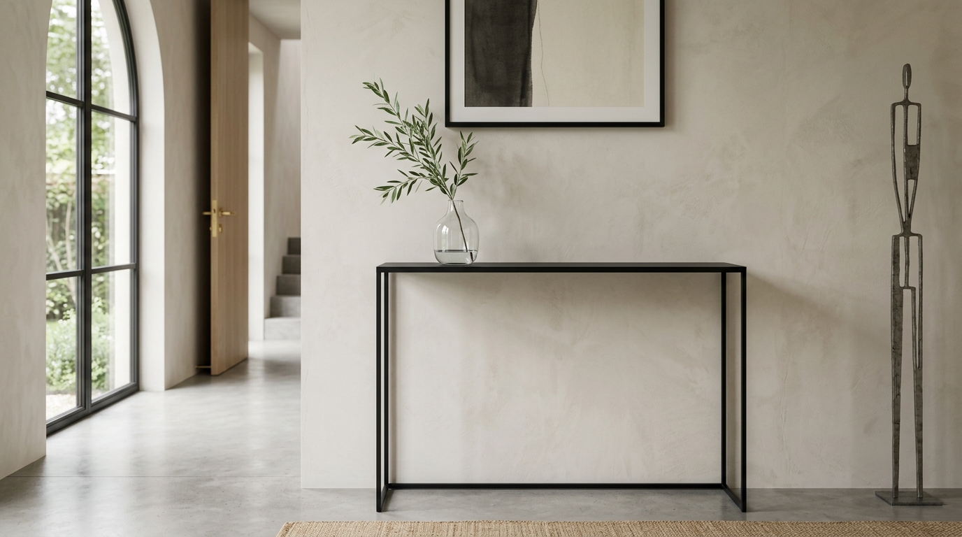 Minimalist entryway decor with a single sculptural branch in a tall vase and a thin-profile metal console table.
