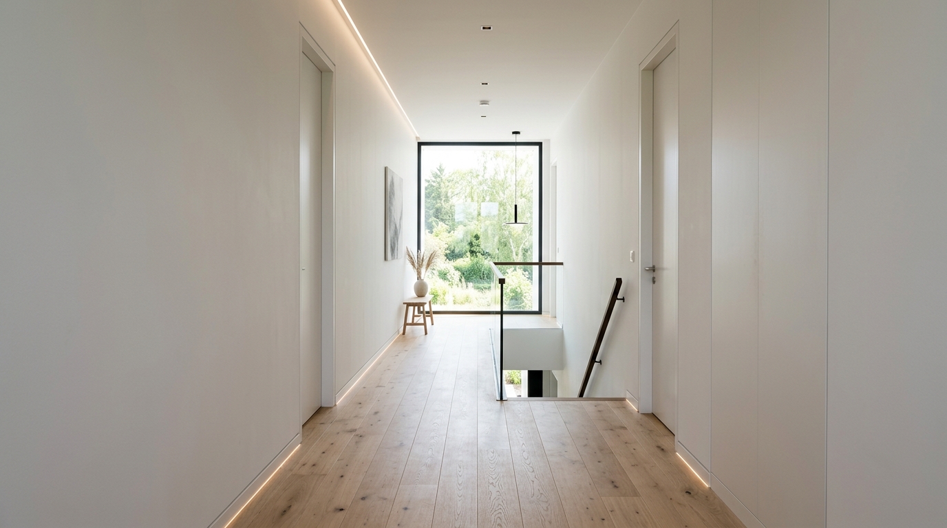 Architectural perspective of a long corridor showing sightline alignment towards a large window, featuring European oak flooring and minimalist wall-mounted ledges.