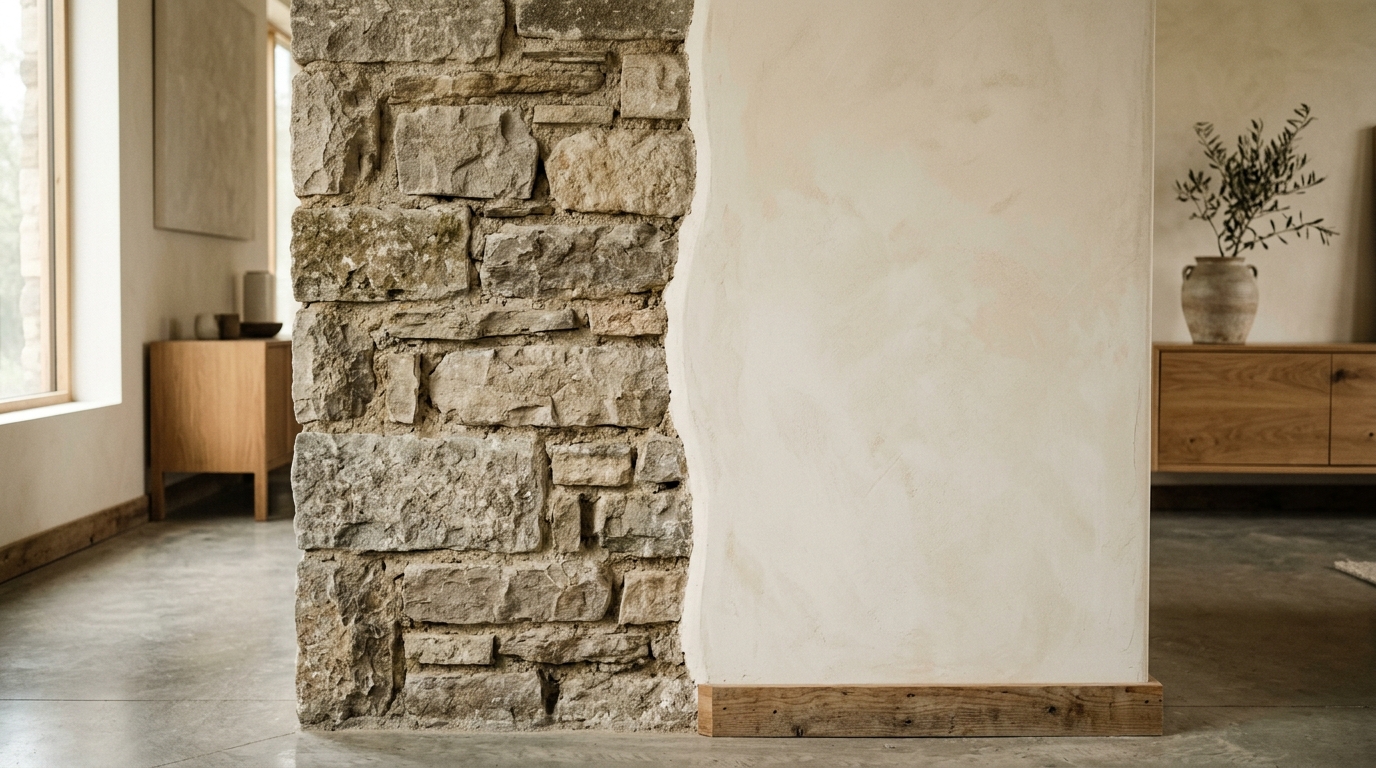 The contrast of raw textures: a rough-cut stone wall section meeting smooth plaster in an organic modern hallway design.