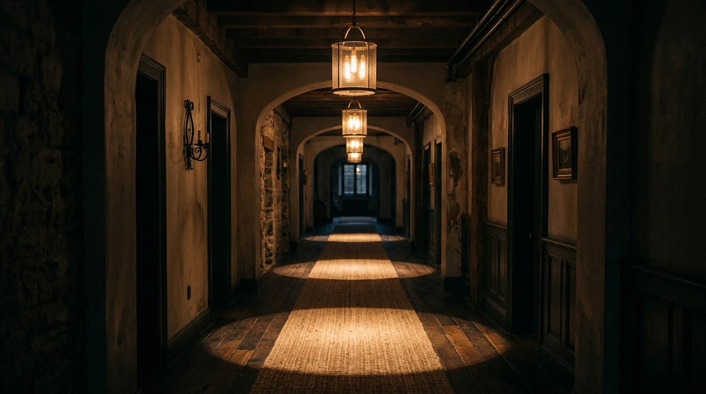 Wide-angle architectural shot of a corridor demonstrating spatial cadence through the rhythmic placement of light fixtures.
