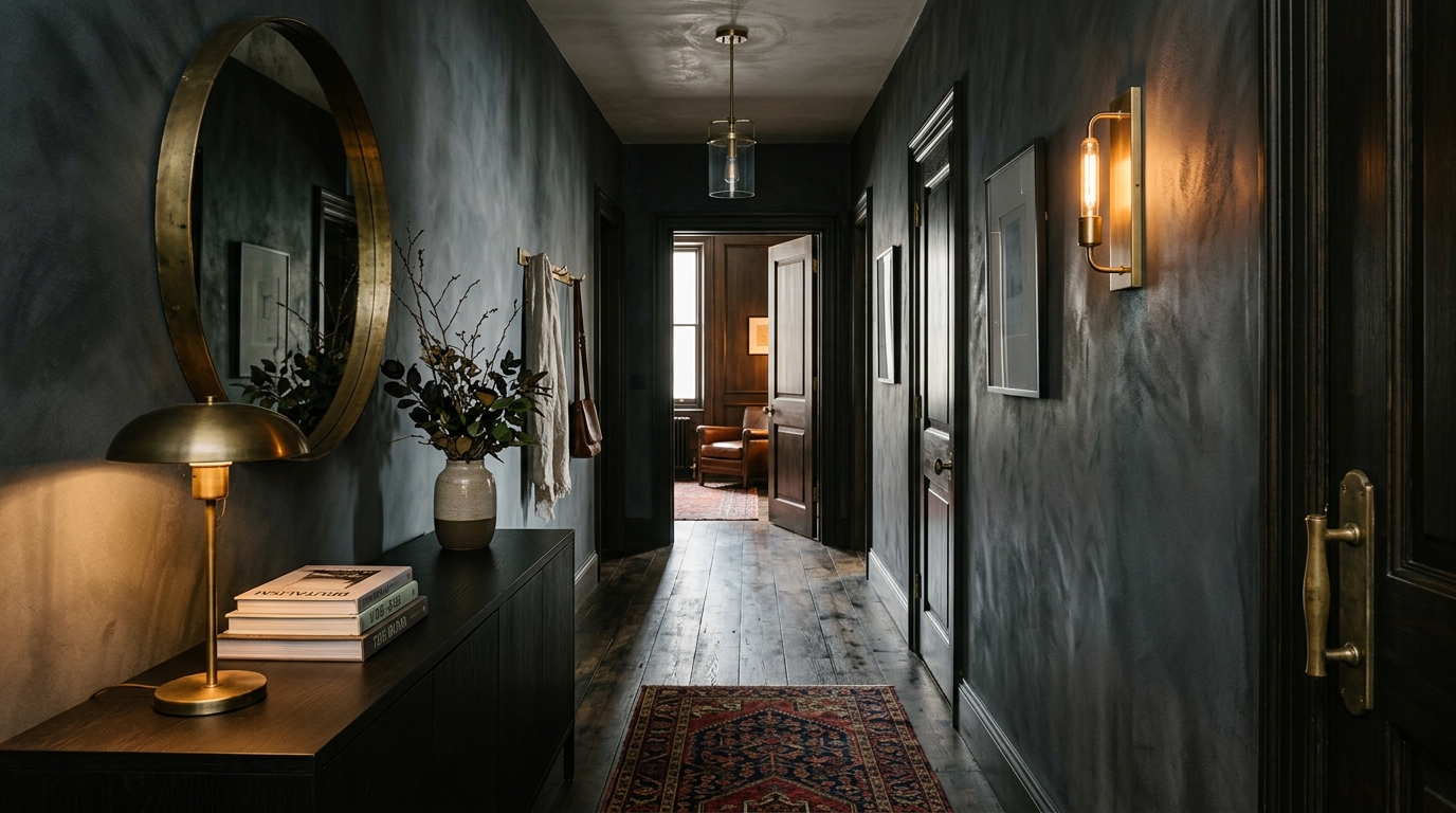 A dark narrow hallway transformed with warm-dim 1800K lighting and deep charcoal limewash for a moody, sophisticated vibe.