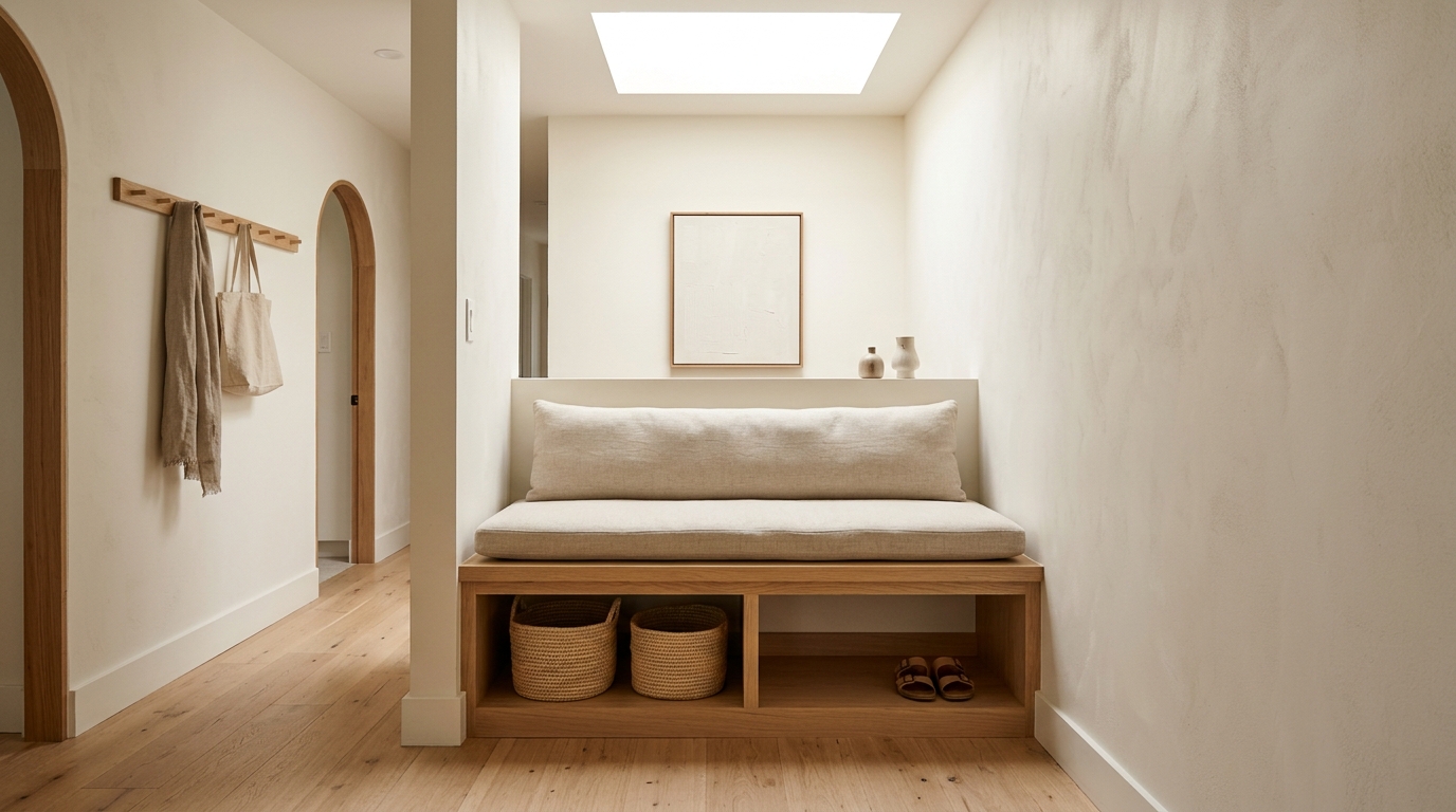 Hidden storage solutions in a narrow hallway: seamless handle-less cabinetry finished in the same color as the walls.