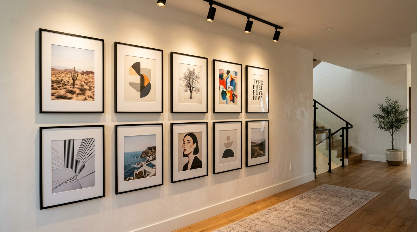 Modern hallway gallery wall with perfectly aligned black-and-white photography and high-CRI 90+ lighting.