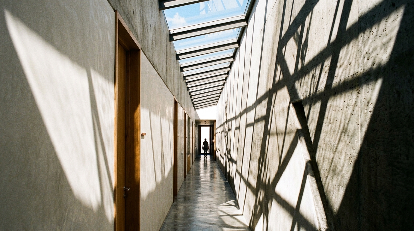 Detail of a transition threshold between a stone-floored entryway and a wood-floored narrow hallway.