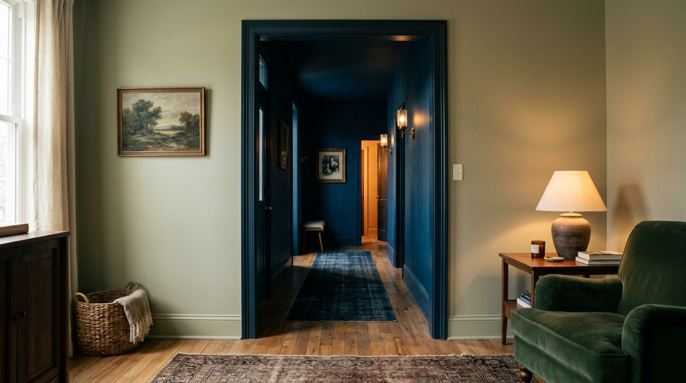 Natural light filtering through a skylight into a narrow corridor, emphasizing the natural movement in the wall's plaster finish.